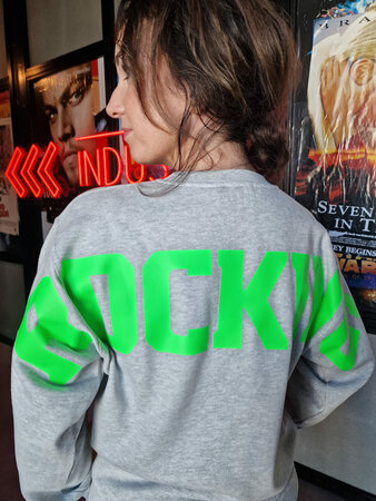 ROCKING SWEATER - GRIJS MELANGE; NEON GROENE PRINT